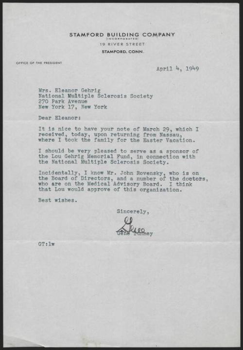 Letter from Gene Tunney to Eleanor Gehrig, 1949 April 04