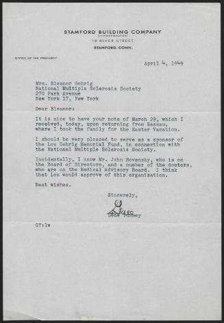 Letter from Gene Tunney to Eleanor Gehrig, 1949 April 04
