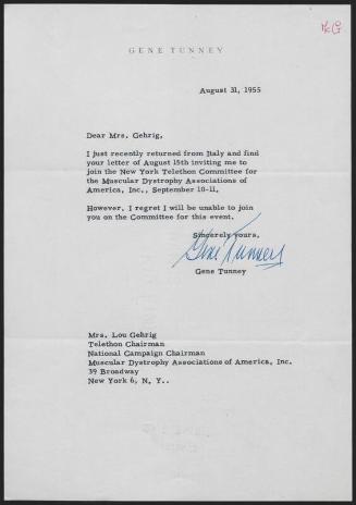 Letter from Gene Tunney to Eleanor Gehrig, 1955 August 31