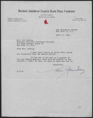 Letter from Tom Yawkey to Eleanor Gehrig, 1949 April 06