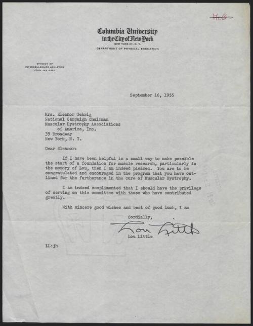 Letter from Lou Little to Eleanor Gehrig, 1955 September 16