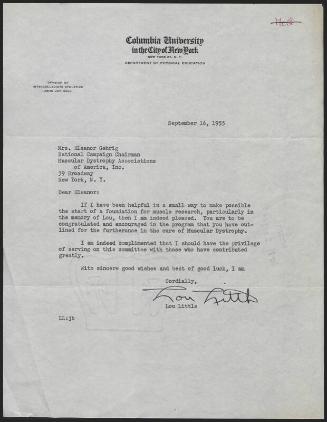 Letter from Lou Little to Eleanor Gehrig, 1955 September 16