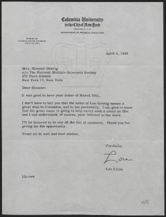 Letter from Lou Little to Eleanor Gehrig, 1949 April 04