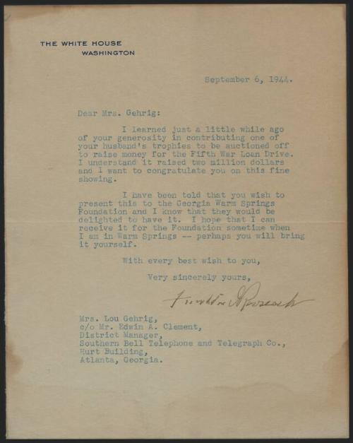 Letter from Franklin Roosevelt to Eleanor Gehrig, 1944 September 06