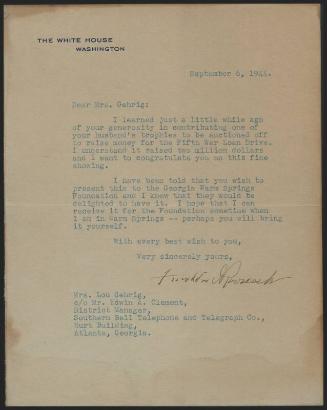 Letter from Franklin Roosevelt to Eleanor Gehrig, 1944 September 06