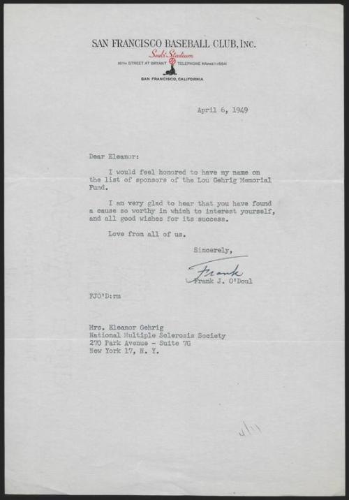 Letter from Lefty O'Doul to Eleanor Gehrig, 1949 April 06