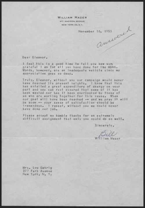 Letter from Bill Mazer to Eleanor Gehrig, 1955 November 16