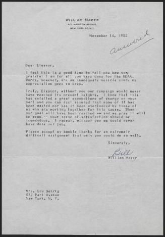 Letter from Bill Mazer to Eleanor Gehrig, 1955 November 16