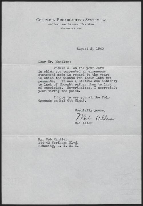Letter from Mel Allen to Bob Mantler, 1940 August 02