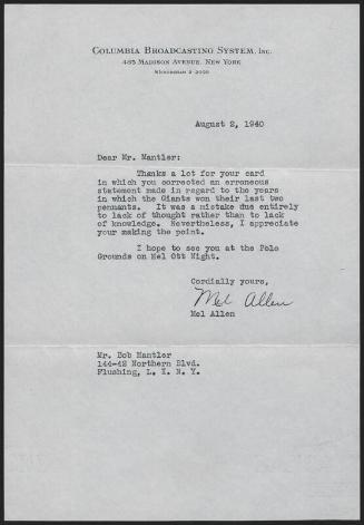 Letter from Mel Allen to Bob Mantler, 1940 August 02