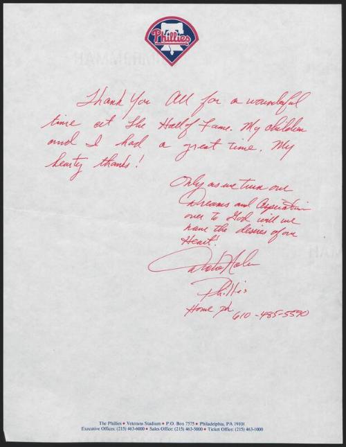 Letter from Dickie Noles to National Baseball Hall of Fame, 2001