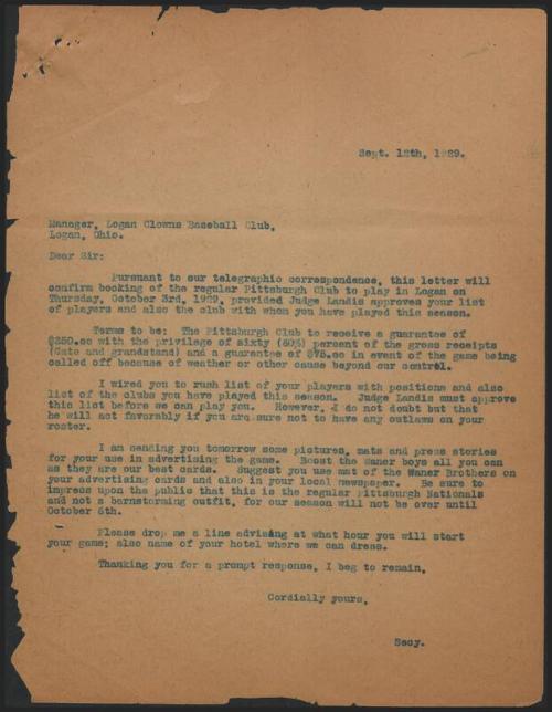 Letter from S. E. Watters to Logan Clowns Baseball Club, 1929 September 12