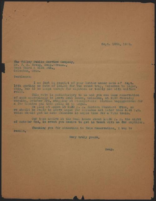 Letter from S. E. Watters to F. K. Young, 1929 September 15