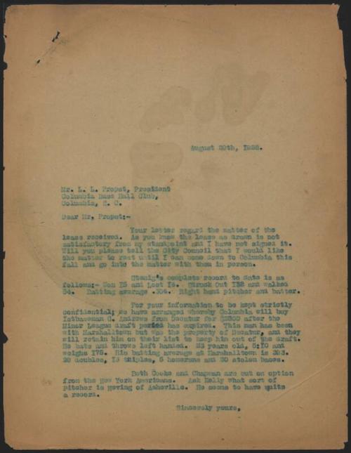 Letter from Barney Dreyfuss to Louis Propst, 1928 August 29