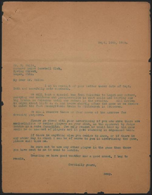 Letter from S. E. Watters to H. Walls, 1929 September 15