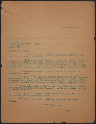 Letter from S. E. Watters to H. Walls, 1929 September 15