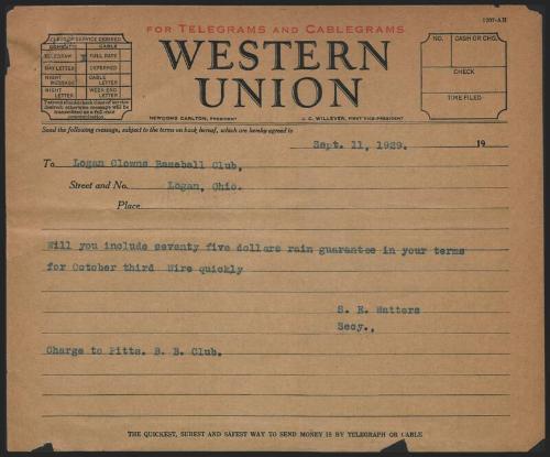 Telegram from S. E. Watters to Logan Clowns Baseball Club, 1929 September 11