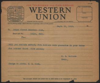 Telegram from S. E. Watters to Logan Clowns Baseball Club, 1929 September 11