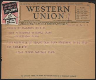 Telegram from Logan Clowns Baseball Club to S. E. Watters, 1929 September 11