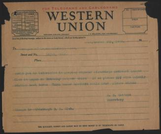 Telegram from S. E. Watters to Logan Clowns Baseball Club, 1929 September 09