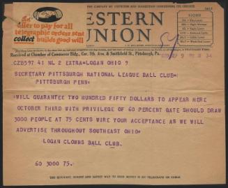 Telegram from Logan Clowns Baseball Club to S. E. Watters, 1929 September 09