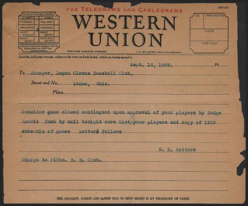 Telegram from S. E. Watters to Logan Clowns Baseball Club, 1929 September 12