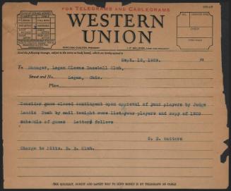 Telegram from S. E. Watters to Logan Clowns Baseball Club, 1929 September 12