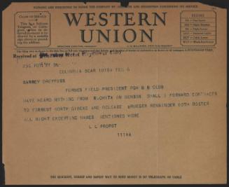Telegram from Louis Propst to Barney Dreyfuss, 1929 February 06