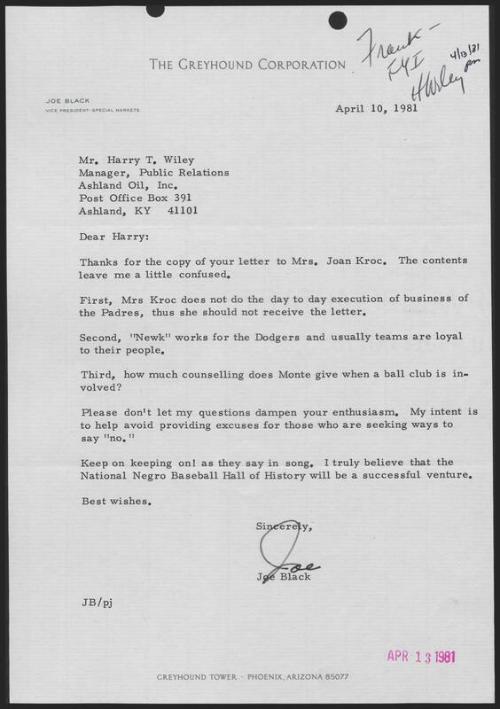 Letter from Joe Black to Harry T. Wiley, 1981 April 10