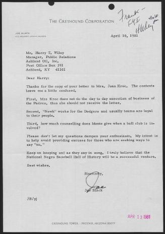 Letter from Joe Black to Harry T. Wiley, 1981 April 10