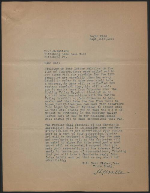 Letter from H. Walls to S. E. Watters, 1929 September 14