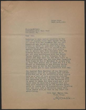 Letter from H. Walls to S. E. Watters, 1929 September 14