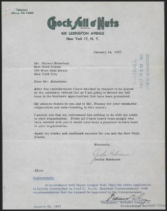 Letter from Jackie Robinson to Horace Stoneham, 1957 January 14