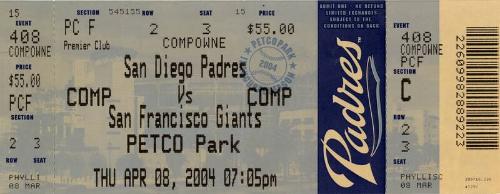 Petco Park Opening Day ticket, 2004 April 08