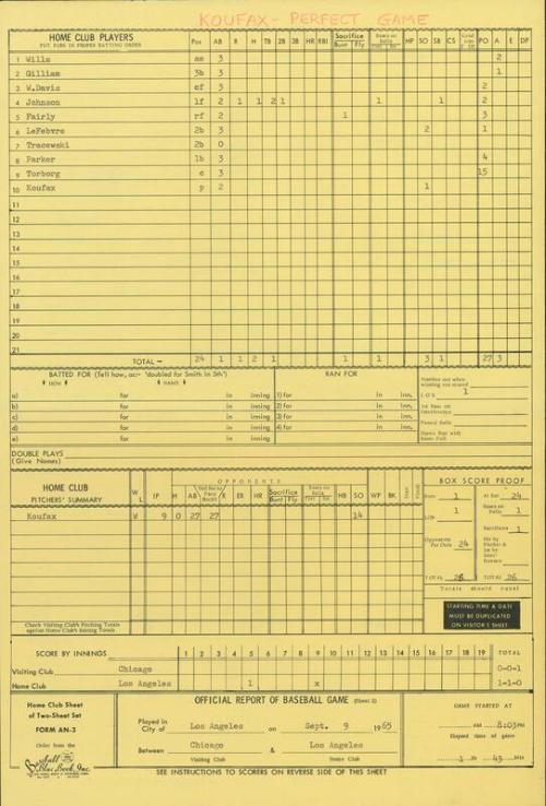 Chicago Cubs versus Los Angeles Dodgers scoresheet, 1965 September 09