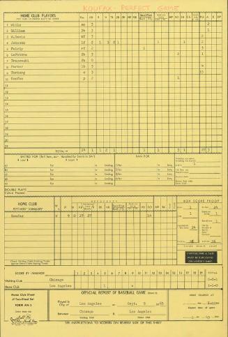 Chicago Cubs versus Los Angeles Dodgers scoresheet, 1965 September 09