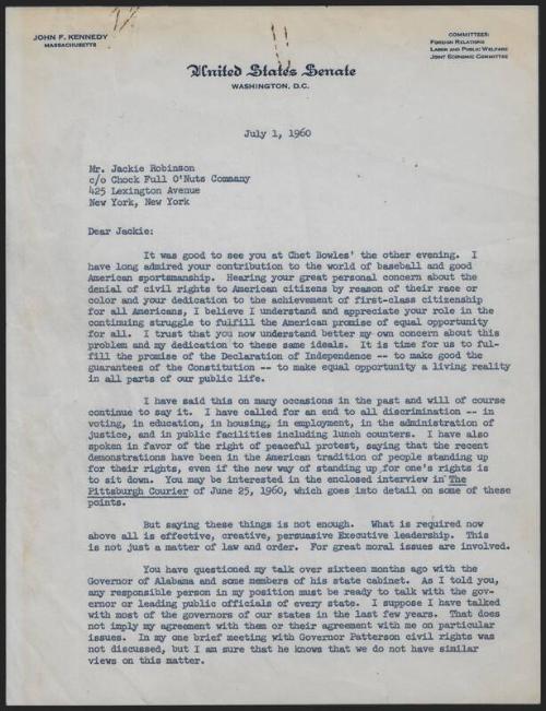Letter from John F. Kennedy to Jackie Robinson, 1960 July 01