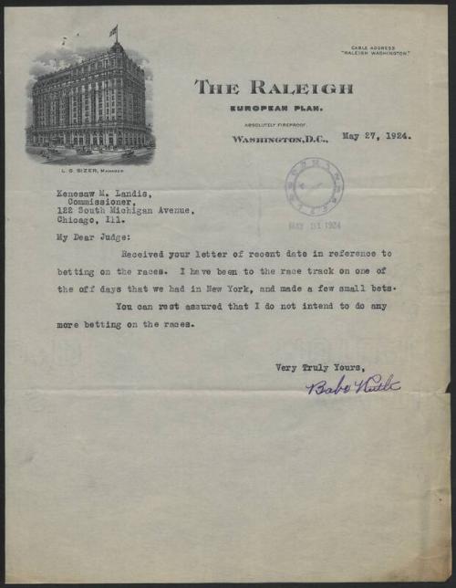 Letter from Babe Ruth to Kenesaw Landis, 1924 May 27