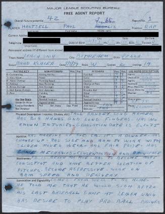 Paul Hartzell scouting report, 1974 September 09
