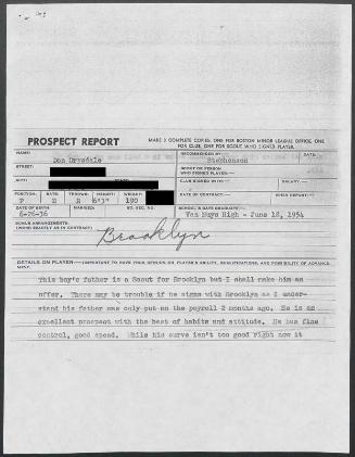Don Drysdale scouting report, 1954