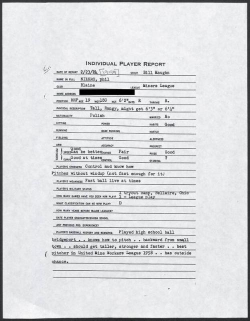 Phil Niekro scouting report, 1959 February 23