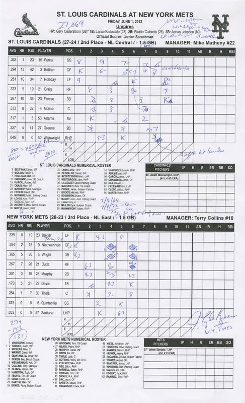 St. Louis Cardinals versus New York Mets scorecard, 2012 June 01