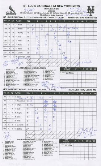 St. Louis Cardinals versus New York Mets scorecard, 2012 June 01