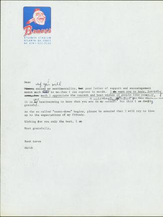 Letter from Hank Aaron to Fan, [1973]