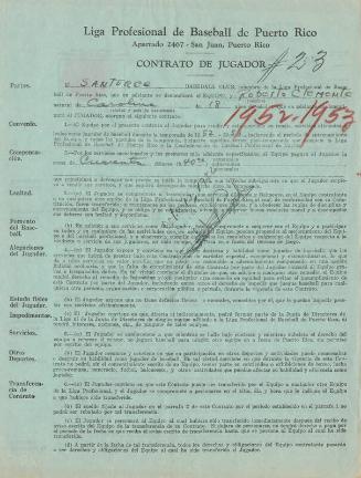 Roberto Clemente Cangrejeros de Santurce contract, 1952